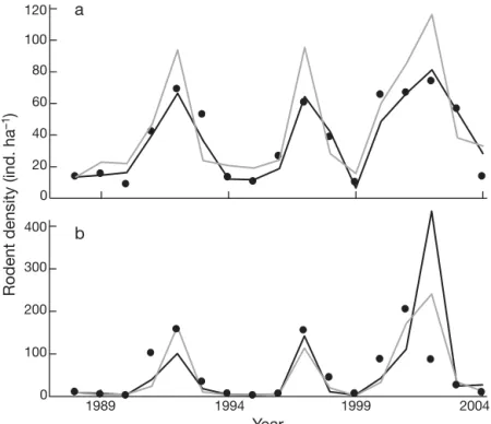Fig. 3. Phyllotis darwini and Akodon olivaceus. Comparison of observed ro- ro-dent densities (points) with deterministic predictions (lines) for parameterized models (see Table 2)