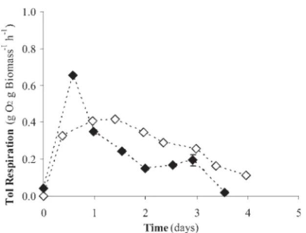 Figure 3. Time course of the specific toluene respiration rate in P. putida mt-2 cultures operated at high ( ) and low ( ) toluene loadings.