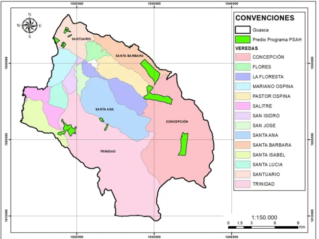 Figura 2. Localización de los predios objeto de la investigación en el municipio de  Guasca, Cundinamarca