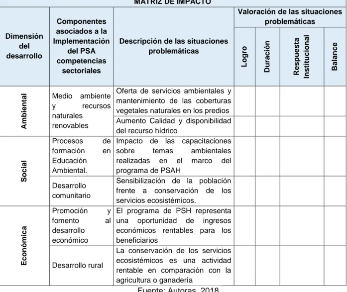 Tabla 5. Formato de Matriz de Impacto para la evaluación de la eficiencia del  programa de PSAH