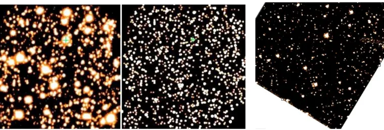 Fig. 1. Left: OGLE-TR-56 (marked with a cross) in a 256 pixels × 256 pixels sub-image (0.51  × 0.51  ) from the best seeing VLT/FORS1 image of the run (top = North, le f t = East, FWHM = 0.4  , some areas at the edges were masked for the reduction)