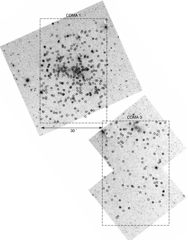 Fig. 2.—The 3.6 m Spitzer IRAC mosaic of the core (Coma 1, 0.733 deg 2 ) and off-center (Coma 3, 0.555 deg 2 ) regions of the Coma Cluster