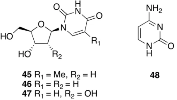 Figure 8. Structures of nucleosides 45–47 and nitrogenous base 48 isolated from the sponges  Halichondria magniconulosa (now  H