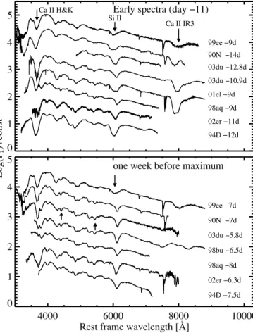 Fig. 9. Comparison of optical spectra of normal SNe Ia at two pre- pre-maximum epochs