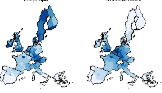 Figure 2. Cloropleth maps of the logs of GVA per capita and Market Potential (year 2008) 