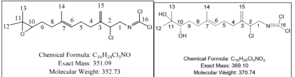 Figura 8: Fórmula química y peso molecular de la Axinyssmide A y la Axinyssmide C. 