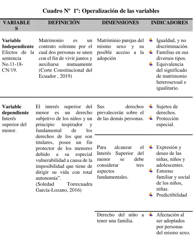 Cuadro Nº  1º: Operalización de las variables 