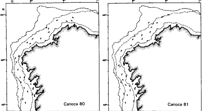 Figura 3.4. Localización y dirección de los lances realizados en las campañas de otoño (Carioca: 1980 a 1991, excepto 1987) y de primavera (Ictio NW84: 1984, Demersales NW86: