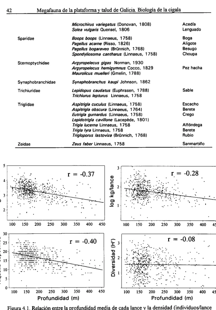 Figura 4.1. Relación entre la profundidad media de cada lance y la densidad (individuosllance de 30 min), biomasa (g peso húmedo/lance de 30 min), riqueza específica y diversidad (índice H') de peces demersales en la costa de Galicia