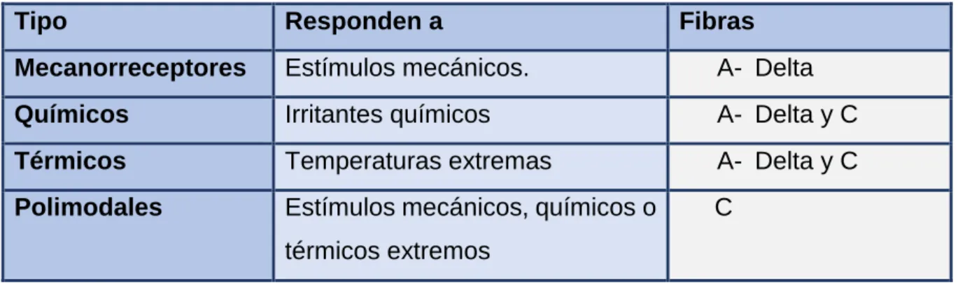 Tabla 1.2. Tipos de nociceptores. 