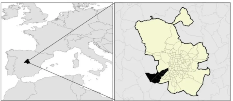 Figura 1.1. Localización de la zona de estudio. Izquierda: Localización de Madrid a nivel 