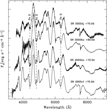 Figure 13. Same as Fig. 10 for phase +31 d. The bibliographic sources for the spectra are the same as those in Fig