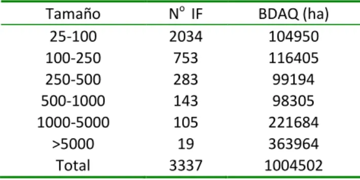 Tabla II. 1. Distribución de la BDAQ por tamaño del incendio. 