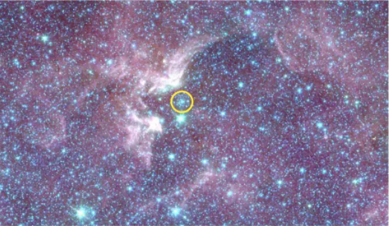 Fig. 1. Pseudo-true color rendering of the region around [DBS2003] 179 outlined with a yellow circle