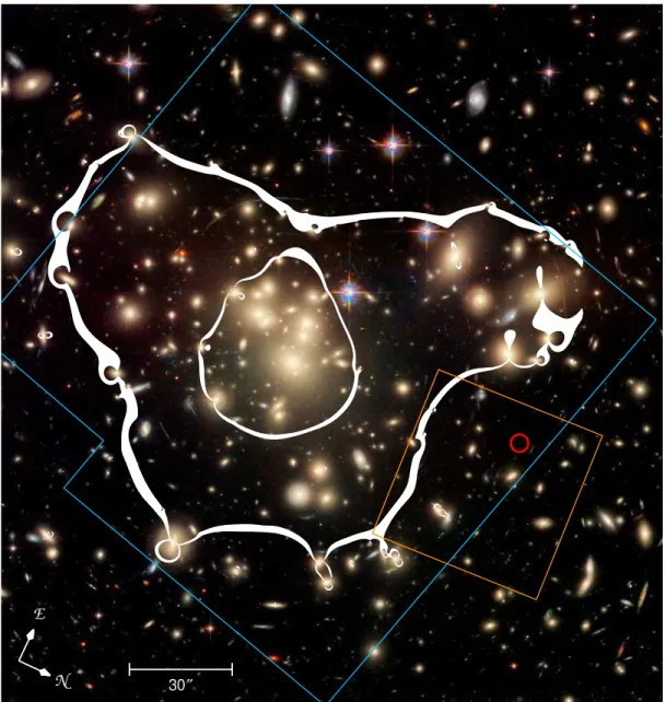 Fig. 1.— ACS color image (3.4 ′ × 3.4 ′ ) of Abell 1689. The regions surveyed by our followup NICMOS J 110 and H 160 images are illustrated by the blue and orange outlines, respectively