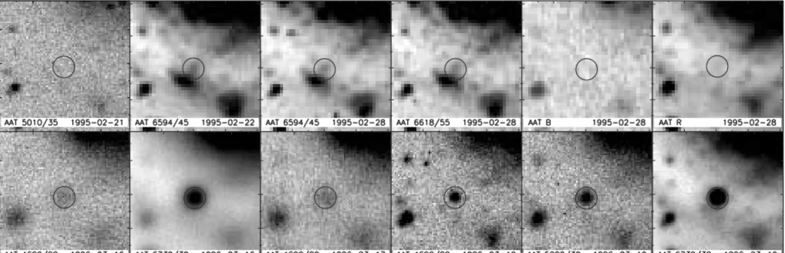 Fig. 4.—Postage-stamp images centered on SN 1996cr from AAT imaging observations. The top six images from 1995 February 21Y28 represent the comparison epoch, while the bottom six images from 1996 March 16Y19 represent the discovery epoch