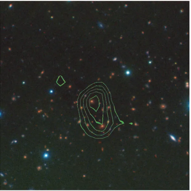 Fig. 5.—Three-color image (red, green, and blue represent K, I, and R bands, respectively) of RCS 043938-2904.7 with overlaid green X-ray contours