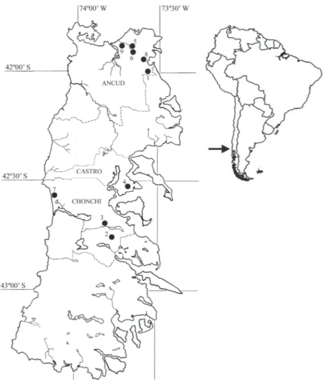 Fig. 1: Sitios de estudio en la Isla Grande de Chiloé en las comunas de Ancud, Castro y Chonchi (Turberas naturales: 1