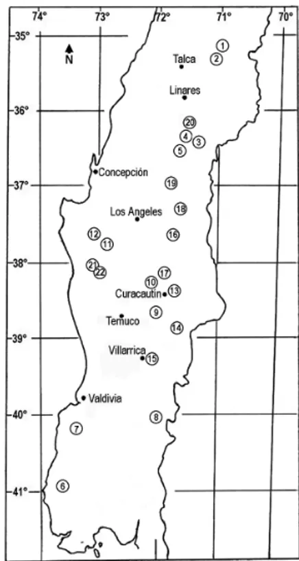 Figure 1. Map of central Chile, showing the actual range  of Nothofagus nervosa. Numbers indicate the studied  pop-ulations: 1 Aguas Frias, 2 Vilches, 3 San Fabian Alto, 4  San Fabian Bajo, 5 Recinto, 6 El Colegual, 7 Las Trancas,  8 Maihue, 9 Cherquenco, 