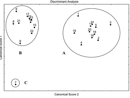 Figure 2. Discriminant analysis of 33 RAPD loci and 22 natural populations of Nothofagus nervosa (“raulí”)