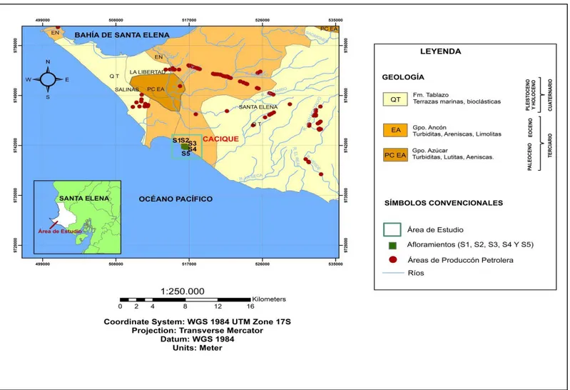Figura 2. Mapa de ubicación de los afloramientos del Grupo Ancón en el sector Cacique, Provincia de Santa Elena