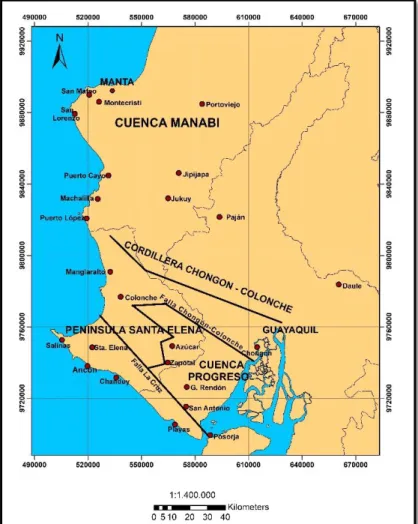 Figura 5. Principales localidades geológicas y rasgos estructurales al suroeste  del  Ecuador  (después  de  Jaillard,  E
