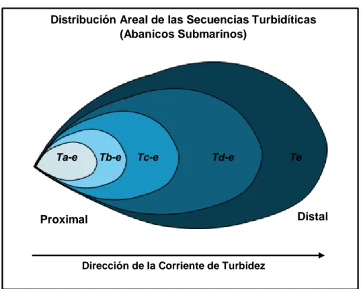 Figura 9. Forma hipotética del cono de deyección de una corriente de turbidez  y la distribución de la secuencia tipo Bouma (1962)