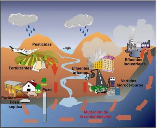 Figura 1. Esquema general de las fuentes de contaminación de los medios acuáticos. 