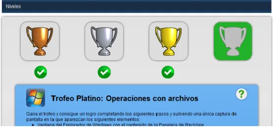 Figure 1. Gamification plugin showing a challenge (learning activity) divided in levels   and the corresponding trophies that students got after completing each level