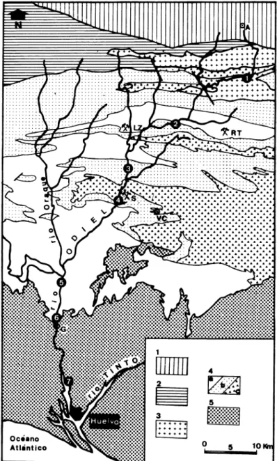 Fig. 1. Esquema geológico de la cuenca hidrográfica del río Odiel (basado en ENADIMSA, 1985), y localiza- localiza-zión de las muestras estudiadas.