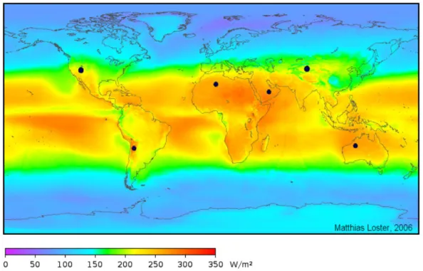 Figure 2-2: Local solar irradiance averaged over three years from 1991 to 1994  (24 hours a day), taking into account the cloud coverage available from weather 