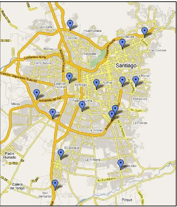 Figura 2.1: Mapa de Locales Homecenter Sodimac, Región Metropolitana  Fuente: ©2009 Google – Datos de mapa ©2009 DMapas/ El Mercurio, Europa 