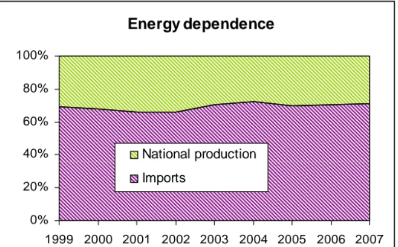 Figure 1-3: Chilean Historical Energy dependence, in energy terms since 1999 (from CNE, 2007).