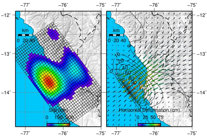 Figure D.6: Preferred slip model for the Pisco 2007 earthquak e deri v ed from InSAR dis-placementsandcorrespondingcrustaldeformationfield.