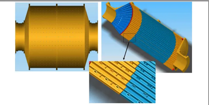 FIGURE 3.2.  Outside of the SAG MILL (Left).  Inside of the SAG MILL (Right).  Close up  showing liners mounted on the walls (below)