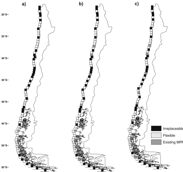 Fig. 1. Reserve networks selected to protect marine biodiversity by the three different scenarios: (a) No MPA scenario; (b) Fixed existing MPA scenario; (c) Fixed existing MPA and priority sites