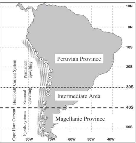 Figure 1 Map of the south-eastern Pacific Ocean showing the collection sites examined in this study