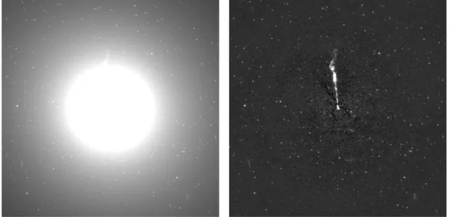 Figure 1. Left: central 1  × 1  of our reduced F814W image. Right: the same field after the subtraction of a smooth model