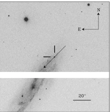 Figure 1. Location of SN 2008D, indicated by the cross hairs, in the galaxy NGC 2770. The direction of the measured ISP component (see Section 4.1) is shown by the arrow