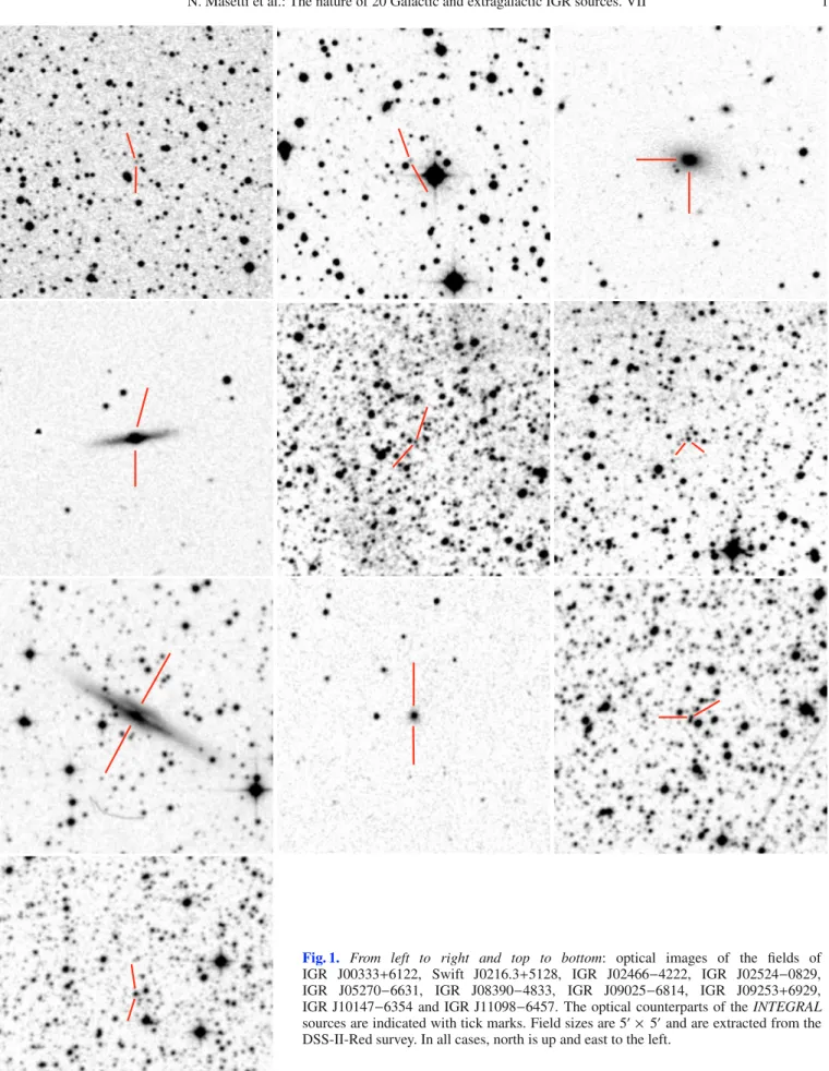 Fig. 1. From left to right and top to bottom: optical images of the fields of IGR J00333+6122, Swift J0216.3+5128, IGR J02466−4222, IGR J02524−0829, IGR J05270 −6631, IGR J08390−4833, IGR J09025−6814, IGR J09253+6929, IGR J10147 −6354 and IGR J11098−6457