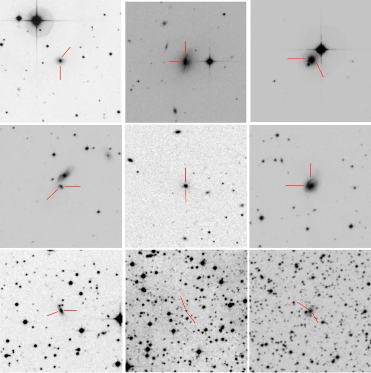Fig. 1. From left to right and top to bottom: optical images of the fields of Swift J0059.4 +3150, Swift J0134.1−3625, Swift J0342.0−2115, Swift J0350.1 −5019, Swift J0505.7−2348, Swift J0501.9−3239, Swift J0640.1−4328, Swift J0727.5−2406 and Swift J0739.6