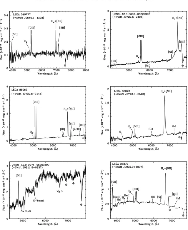 Fig. 4. Spectra (not corrected for the intervening Galactic absorption) of the optical counterpart of Swift J0640.1 −4328, Swift J0727.5−2406, Swift J0739.6 −3144, Swift J0743.0−2543 and Swift J0811.5+0937, Swift J0902.0+6007.