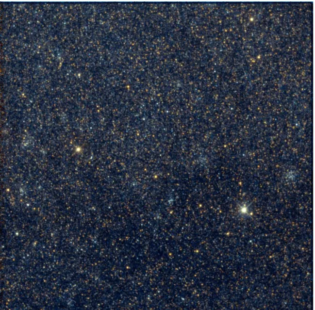 Figure 1. A sample WF image, containing several recognizable star clusters. This figure  demonstrates how clusters are distinguished by their resolution, high stellar density and  blue color, compared to the background of the M31 disk stars