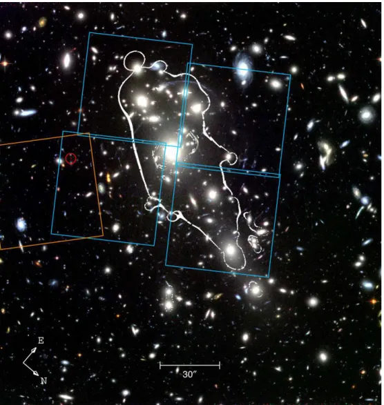 Figure 1. Composite color (r 625 , i 775 , z 850 ) ACS image of Abell 1703. The z = 6 critical curves (magnification factor μ > 75) for the lensing model of Limousin et al
