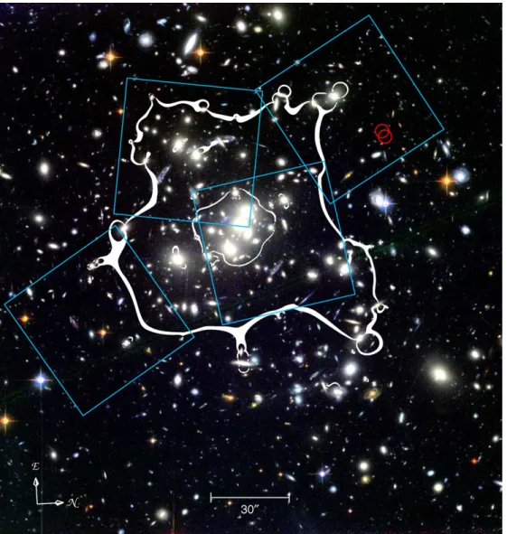 Figure 2. Composite color (r 625 , i 775 , z 850 ) ACS image of CL0024+16. The z = 6.5 critical curves (magnification μ > 200) for the lensing model of Zitrin et al.