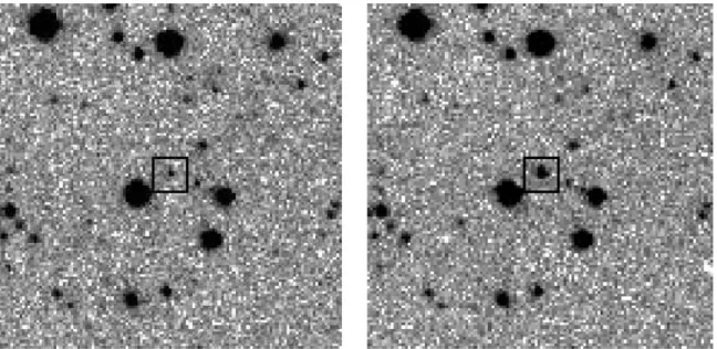 Figure 9. CSS images of object CSS080502:090812+060421 in and out of eclipse. The baseline CSS magnitude is 17.0 ± 0.1, while the individual CSS image magnitudes are 18.72 ± 0.09, 18.91 ± 0.10, 17.23 ± 0.04, and 17.15 ± 0.04