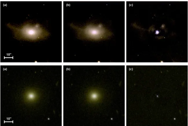 Figure 1. Two examples of the central point-source subtraction for SDSS gr images of a morphologically disturbed galaxy (top row) and an elliptical galaxy (bottom row)