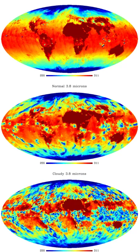 Figure 2. Maps of the daytime infrared brightness temperature (Kelvin) of the Earth at 3.8 μm (2616 cm −1 ) are displayed for clear scenes (top), the actual Earth (middle), and a cloud covered Earth (bottom).