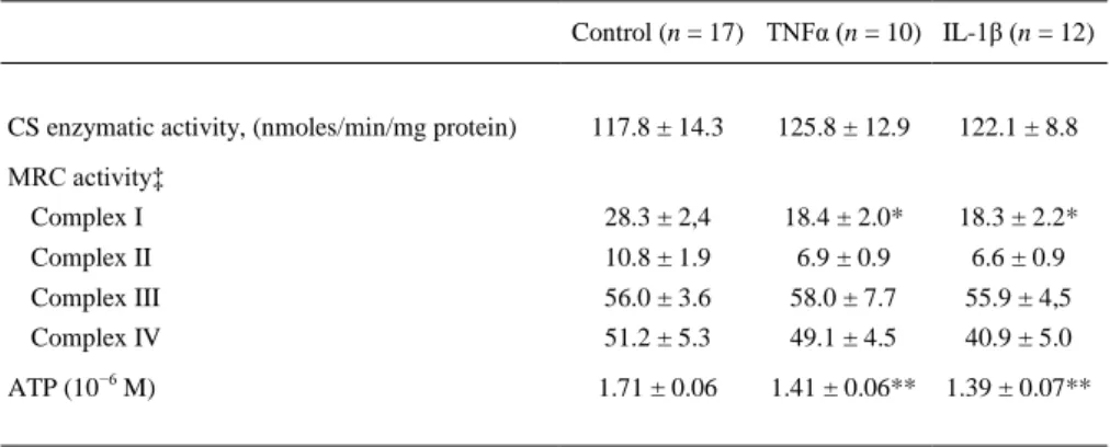 Table I. Modulation of mitochondrial activity induced by TNFα and IL-1β on human chondrocytic cells  Control (n = 17)  TNFα (n = 10)  IL-1β (n = 12) 
