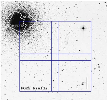 Figure 1. Digitized Sky Survey image of NGC 1851 with the position of the VLT-FORS 2  × 2  mosaic